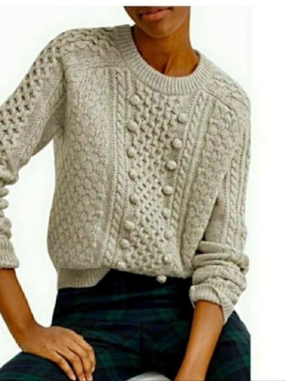 J. Crew Textured Cable Bobble Crewneck Sweater in Light Gray